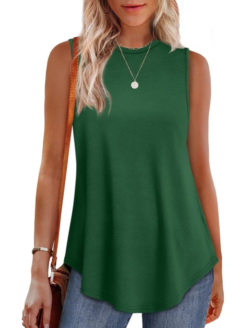 Women's Green High Neck Tank Loose Fit Sleeveless Casual Wear Summer Tunic Tops